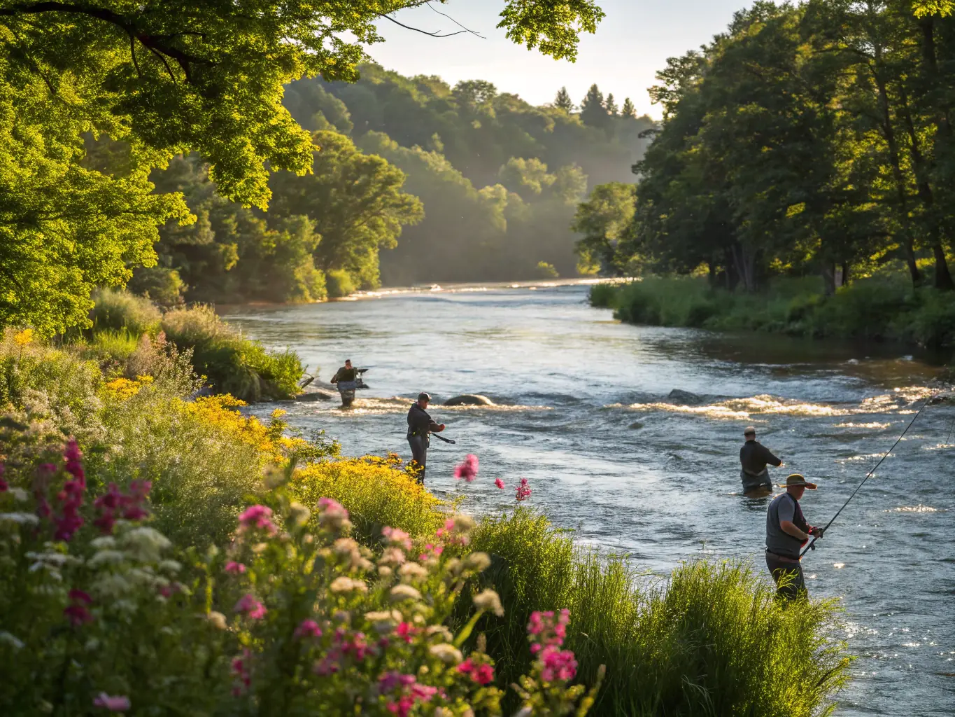 A captivating shot of CLUB MOUCHE D'ARMOR members releasing fish back into the river during a catch-and-release program, emphasizing sustainable fishing practices.