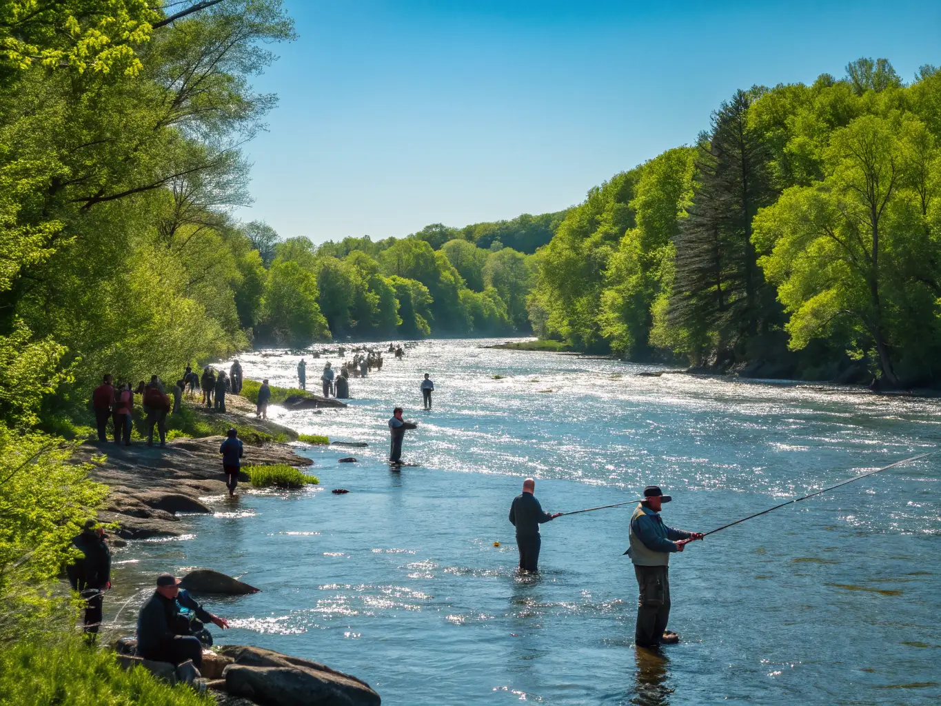 Participants in a fly fishing competition organized by CLUB MOUCHE D'ARMOR, showcasing their skills and sportsmanship. The image should highlight the competitive spirit, camaraderie, and excitement of the event.