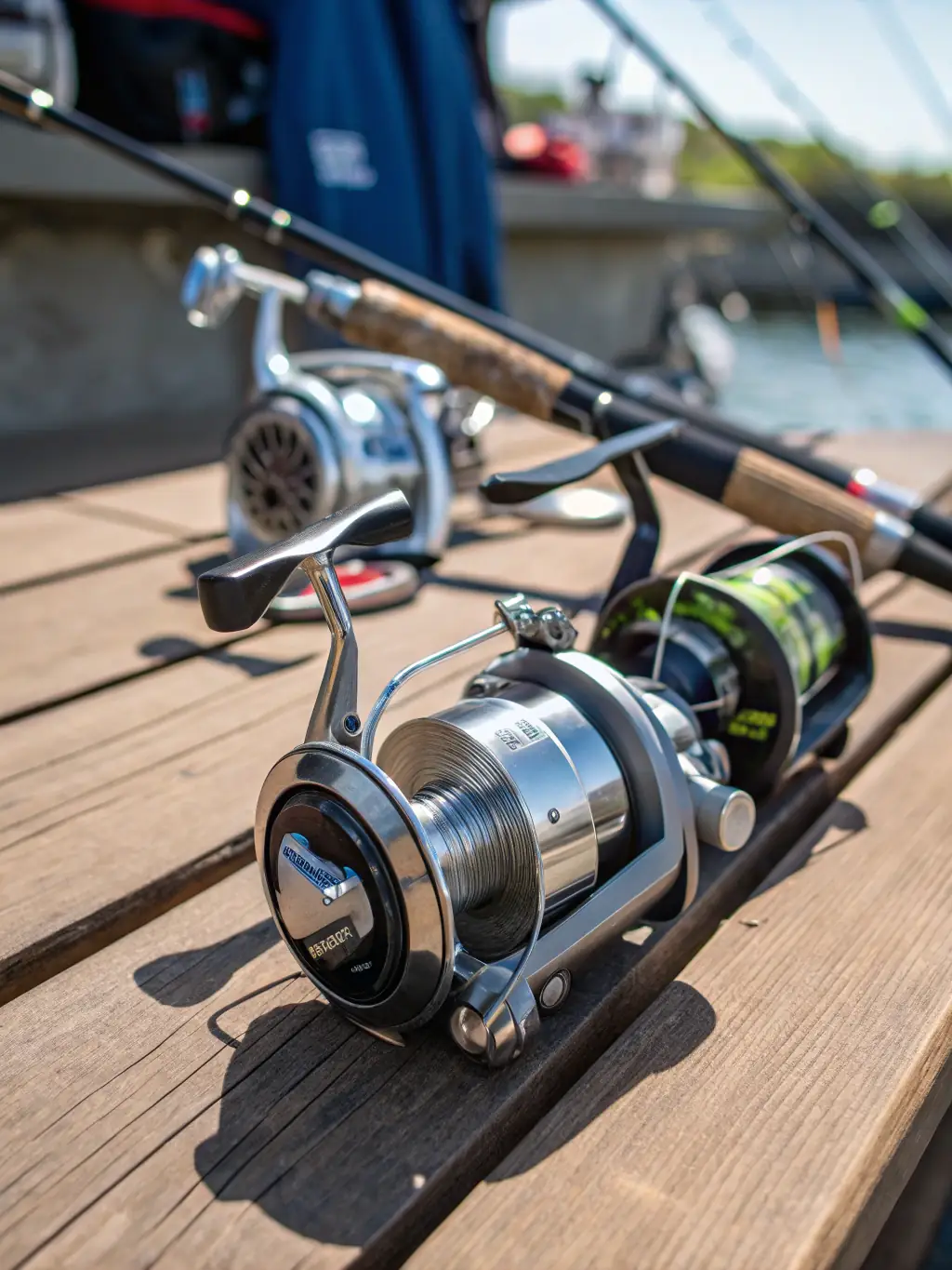 A high-quality photograph of various fly fishing rods neatly arranged in a rack, showcasing the different types and styles available to club members.