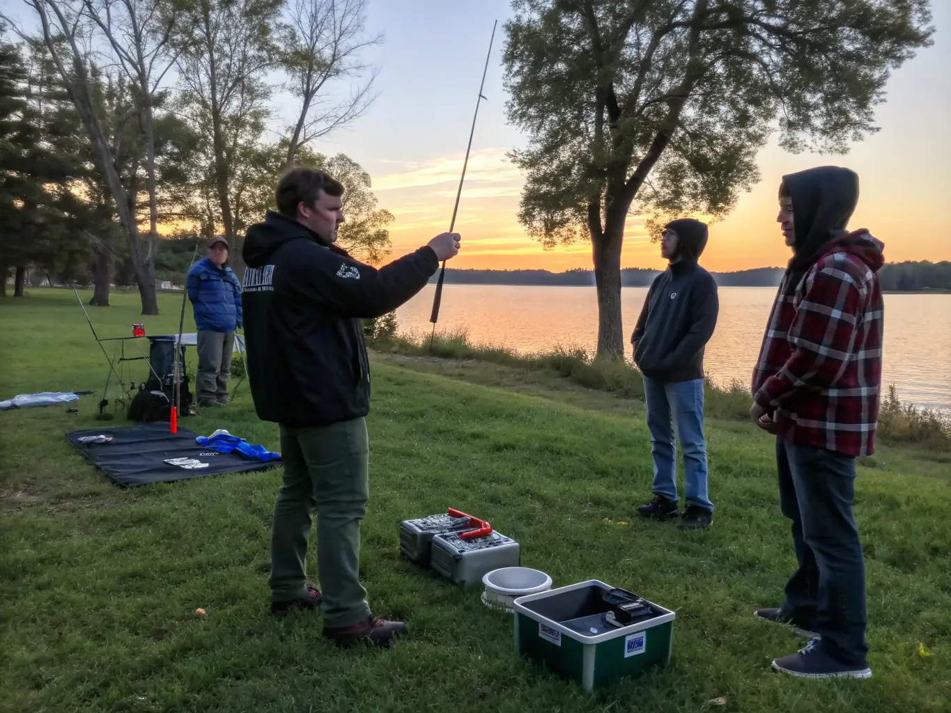 A CLUB MOUCHE D'ARMOR instructor demonstrating fly casting techniques to a group of beginners during a workshop. The image should capture the learning environment, the instructor's expertise, and the participants' enthusiasm.