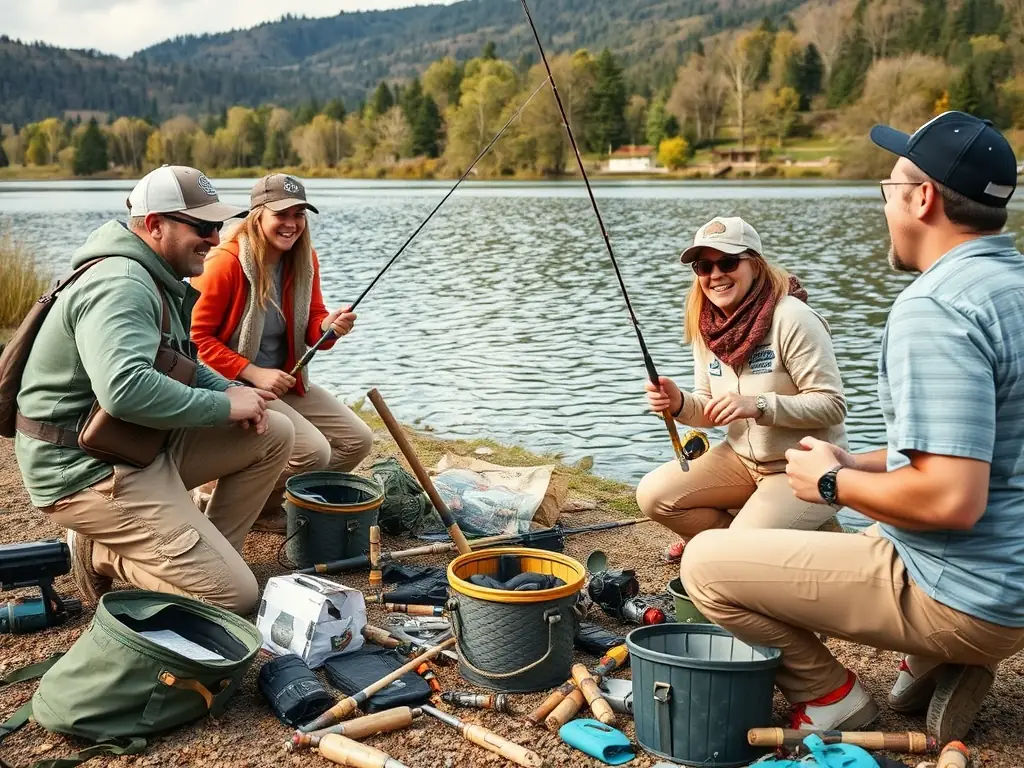 A scenic view of a group of CLUB MOUCHE D'ARMOR members participating in a fly fishing workshop by a clear river, demonstrating proper casting techniques and environmental awareness.
