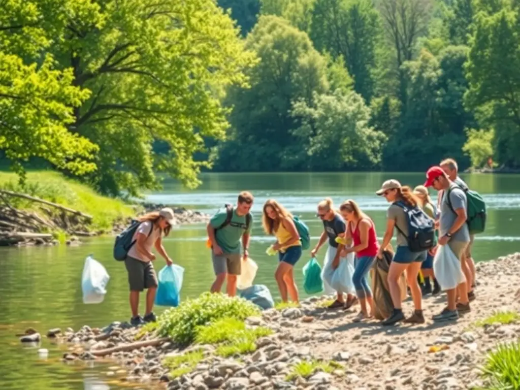 A group of CLUB MOUCHE D'ARMOR members participating in a river clean-up activity, removing debris and restoring the natural habitat along the riverbank. The image should convey a sense of teamwork, environmental responsibility, and community engagement.