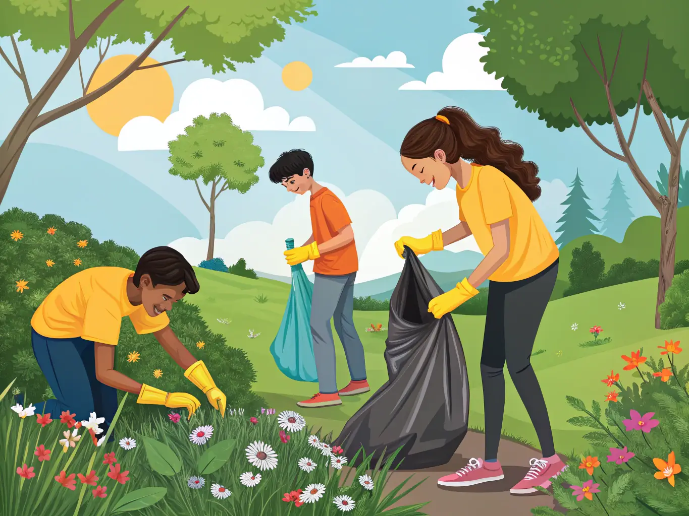 A vibrant image of CLUB MOUCHE D'ARMOR members engaged in a river clean-up activity, collecting trash and debris to protect the aquatic ecosystem.
