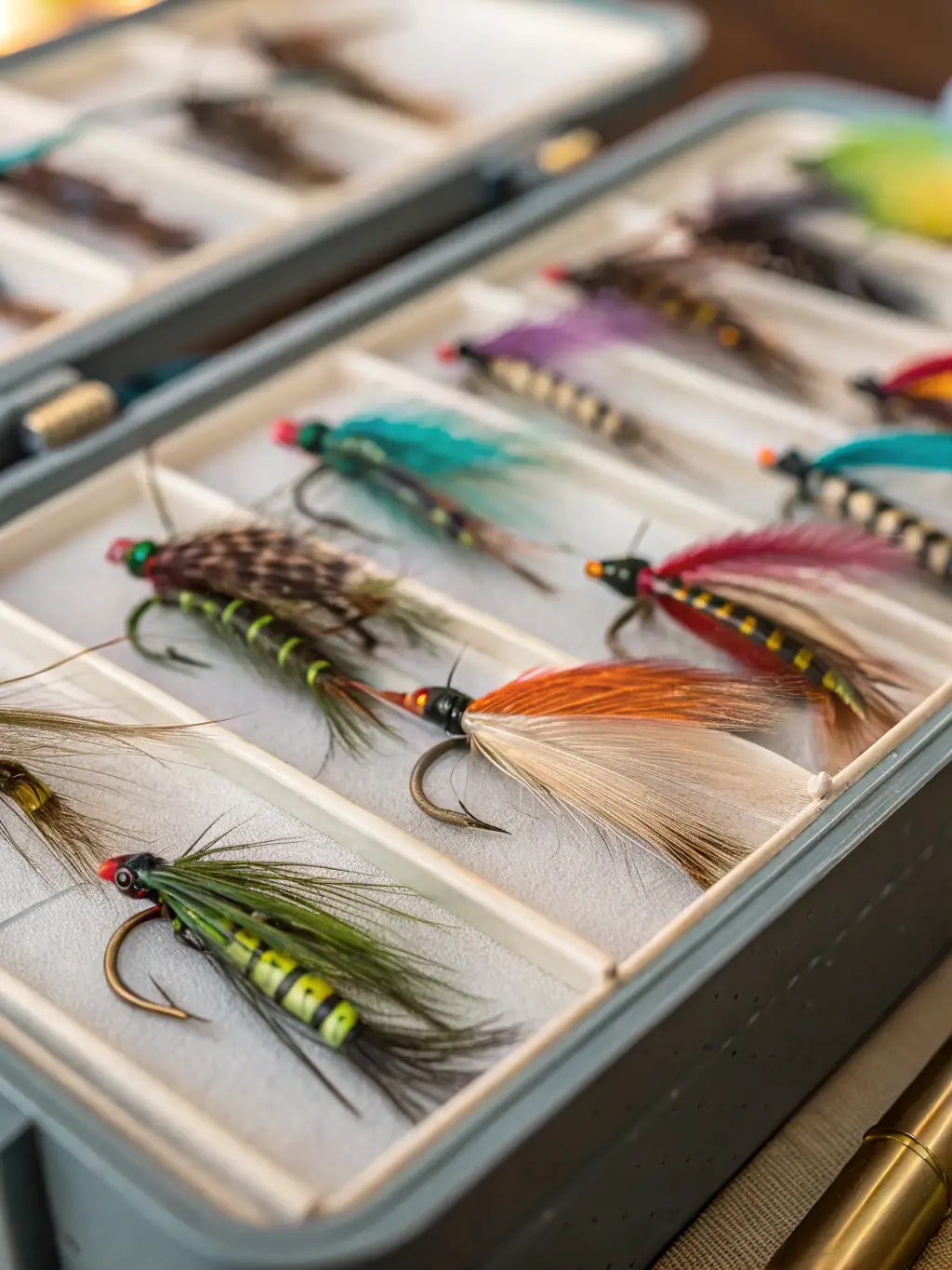 A detailed image of different types of fly fishing flies, highlighting their intricate designs and materials used to attract fish.