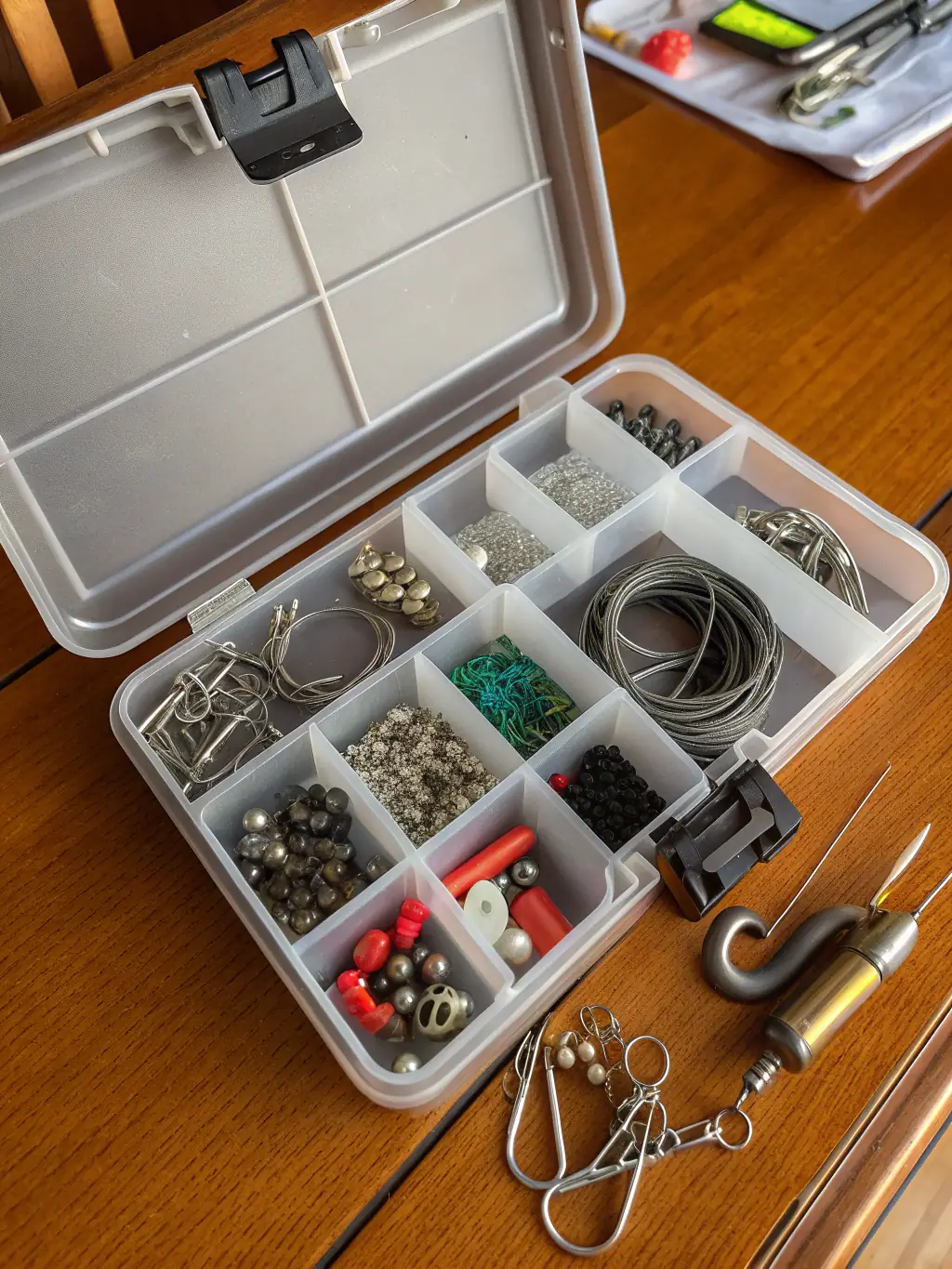 A photograph of various fly fishing accessories such as vests, nets, and tackle boxes, emphasizing their utility and convenience for anglers.