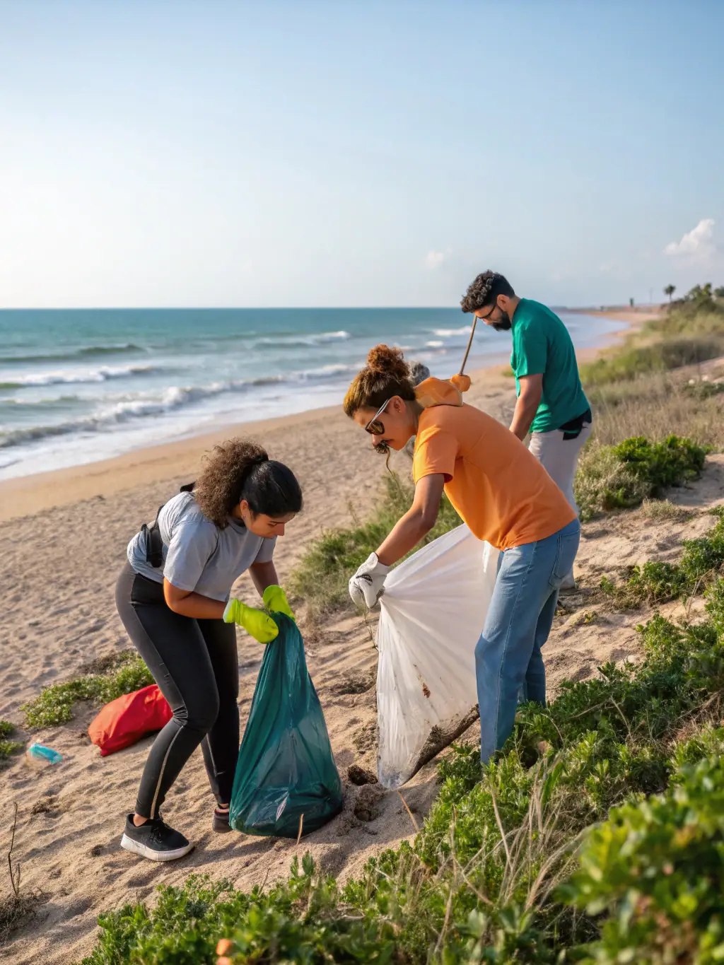 A scenic shot of a group of club members participating in a river clean-up activity, showcasing their commitment to environmental conservation.