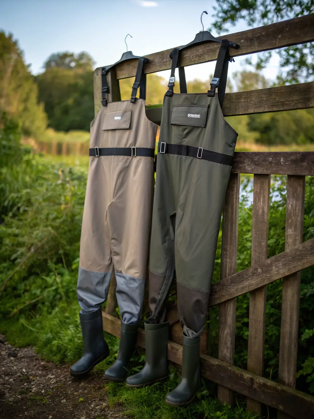 An image of waders and boots used in fly fishing, highlighting their importance for anglers to navigate rivers and streams comfortably and safely.
